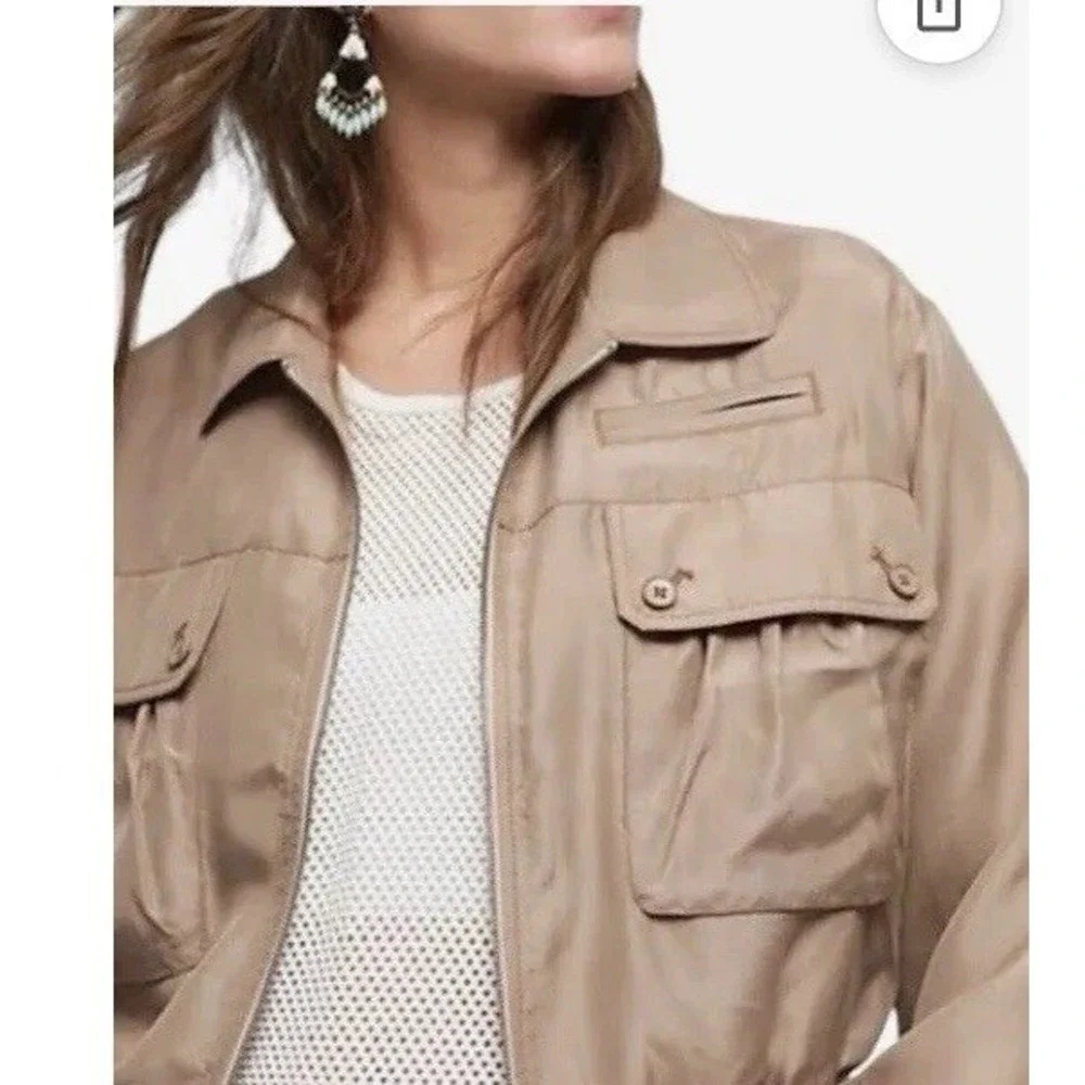 Cartonnier Anthropologie Pia Silk Bomber Jacket Zip Utility Size S Khaki‎ Tan